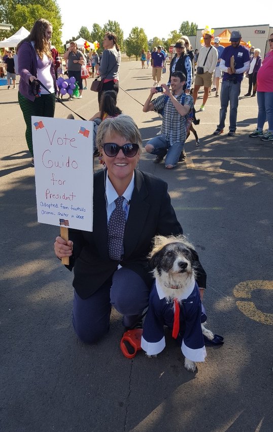 Guido the Magnificent and his campaign manager, aka Guido’s human Bonnie Brown-Bott, have their picture taken on the campaign trail. The picture was actually taken at Foothills Animal Shelter’s inaugural Toby’s Pet Parade & Fair in 2016 when Guido was dressed as a presidential candidate. Guido will be the grand marshal in this year’s Toby’s Pet Parade & Fair, which takes place on Sept. 7 in downtown Golden.